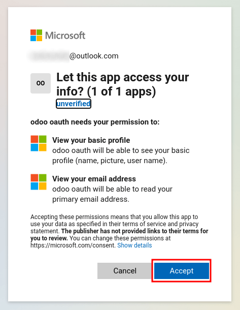 Acepte las condiciones de Microsoft para permitir el acceso a la información de su cuenta.