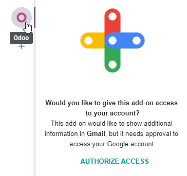 El botón de Autorizar acceso en la barra lateral derecha del panel del complemento de Odoo.