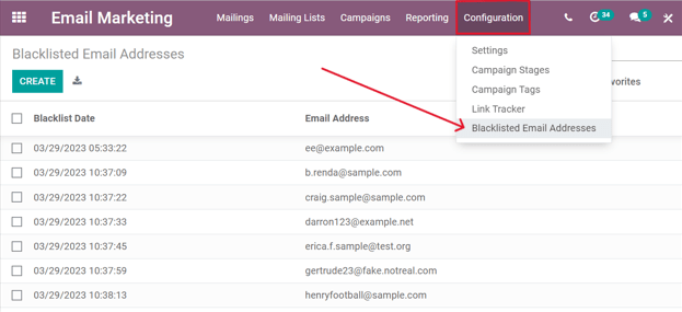 Vista de la página de correos electrónicos de la lista de exclusión en la aplicación Marketing por correo electrónico de Odoo.