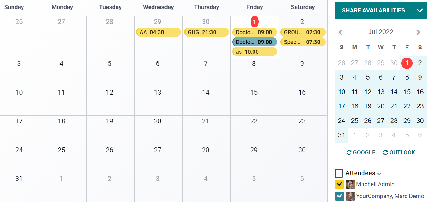 Vista de calendario en el calendario de eventos