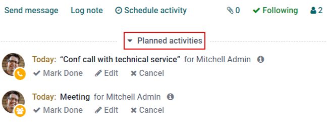 Vista de los leads en CRM y la opción para planear una actividad.