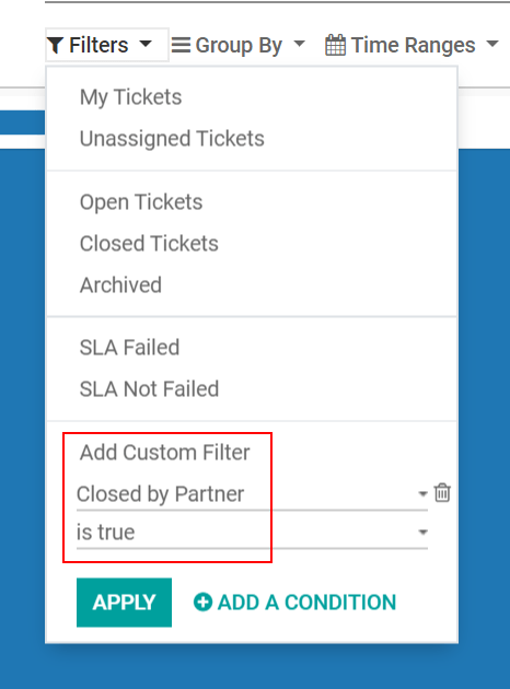 Filtrar por tickets cerrados por los clientes en la página de reportes de la aplicación Soporte al cliente de Odoo.