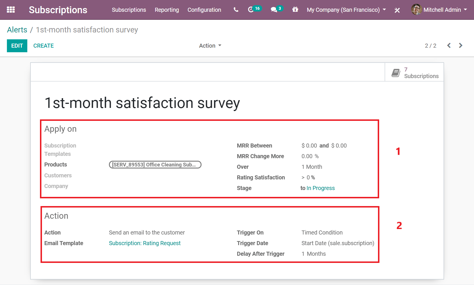 Nueva alerta automática en la aplicación Suscripciones de Odoo