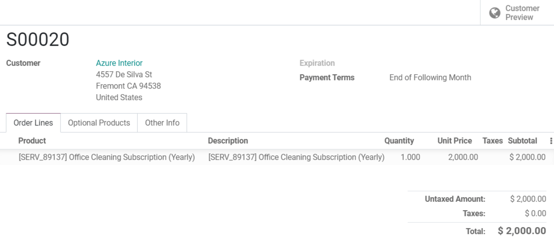 Vista de un formulario de cotización en Ventas de Odoo