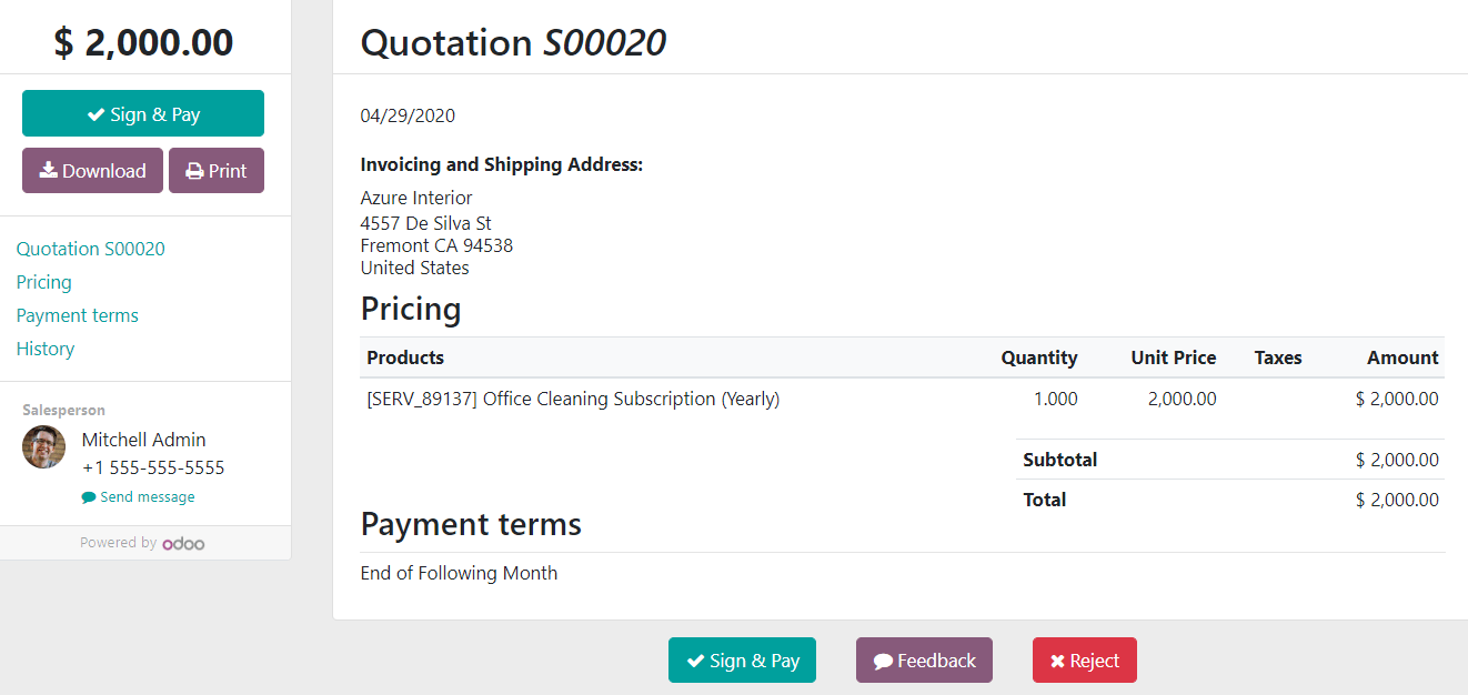 VIsta previa del cliente de un formulario de cotización en Ventas de Odoo