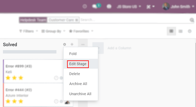 Vista general de la vista de kanban de un equipo de soporte al cliente, destaca la opción de menú "Editar etapa" en la aplicación Soporte al cliente de Odoo.