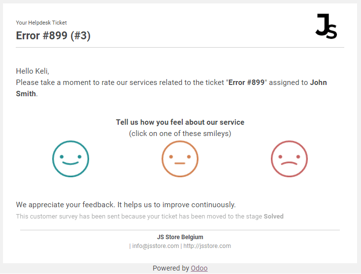 Vista de una plantilla estándar de correo electrónico de reseña de cliente de soporte al cliente en la aplicación Soporte al cliente de Odoo.