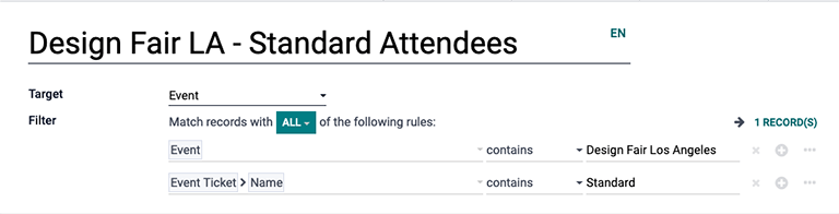 Un filtro de boleto de evento en la aplicación de Automatización de marketing de Odoo.