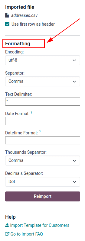 Las opciones de formato presentadas cuando un archivo CVS se importa a Odoo.
