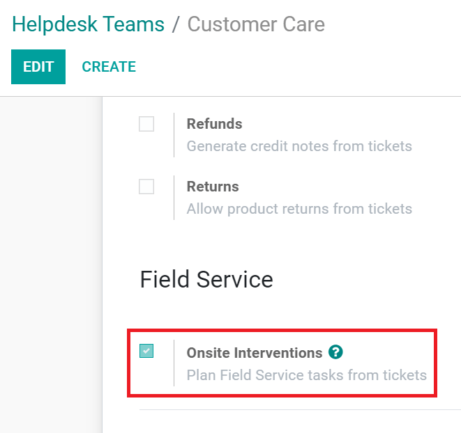 Función de intervenciones presenciales en la aplicación Soporte al cliente de Odoo.
