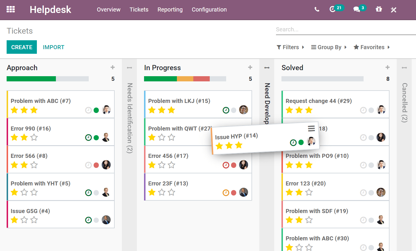 Vista de kanban de un equipo en la aplicación Soporte al cliente de Odoo.