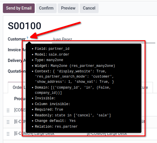 Información del backend. Cuadro de campos en un modelo.