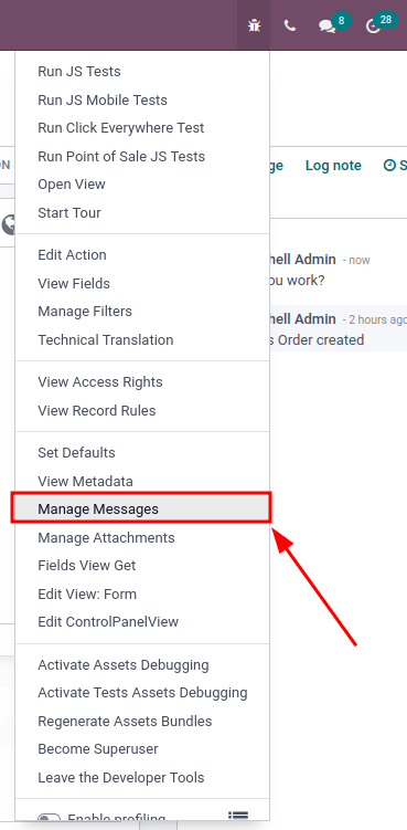 Opción de administrar mensajes en el menú debug.