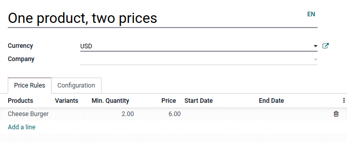 Formulario de configuración para una lista de precios de múltiples precios