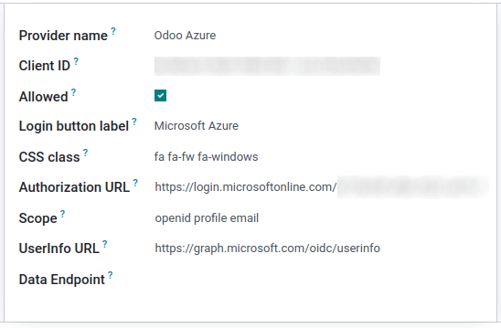Configuración del proveedor de Odoo en la aplicación Ajustes.