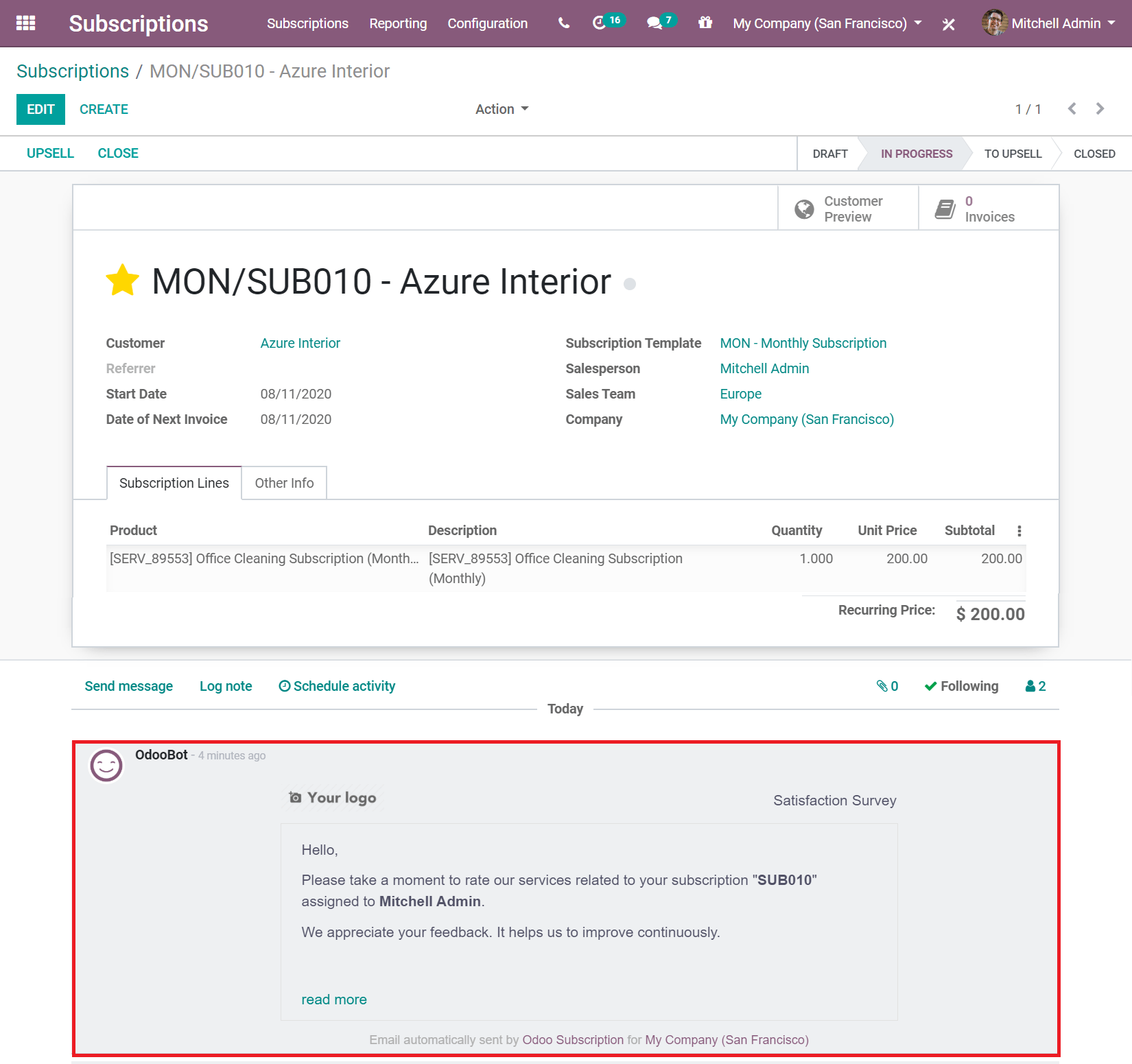Encuesta de satisfacción en la aplicación Suscripciones de Odoo