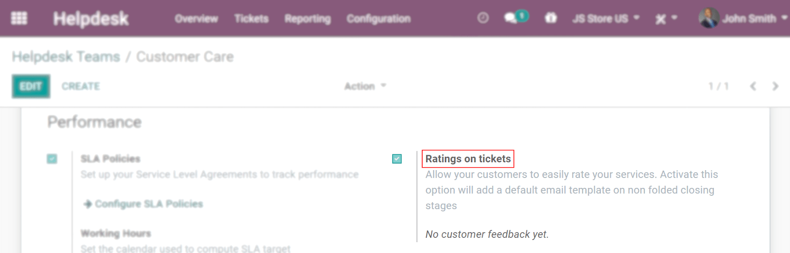 Vista general de la página de ajustes de un equipo de soporte al cliente, destaca la función de calificación de ticket en la aplicación Soporte al cliente de Odoo.