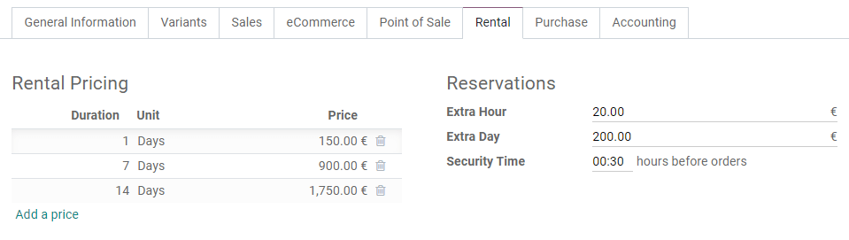 Ejemplo de la configuración de precios de alquiler en la aplicación de Alquiler de Odoo
