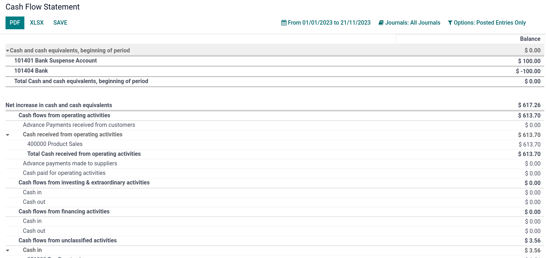 Reporte de estado de cuenta de flujo de efectivo en Odoo.