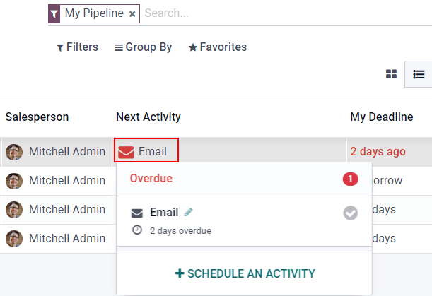 Vista de lista de un flujo de CRM y la opción de planear una actividad.