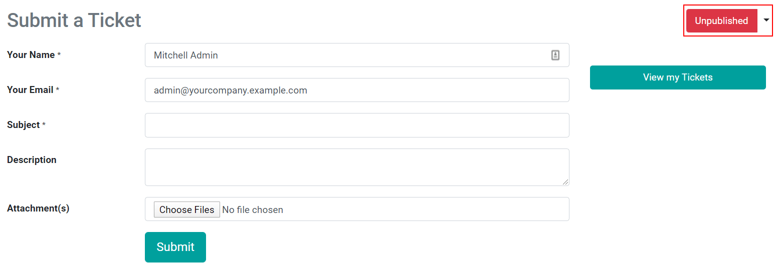 Vista del formulario de sitio web para enviar un ticket a la aplicación Soporte al cliente de Odoo.