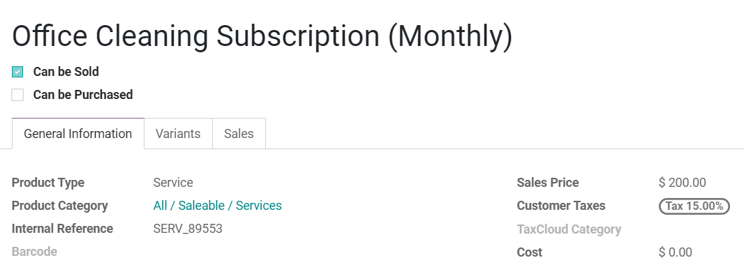 Vista de un formulario de producto tipo suscripción en la aplicación Suscripciones de Odoo