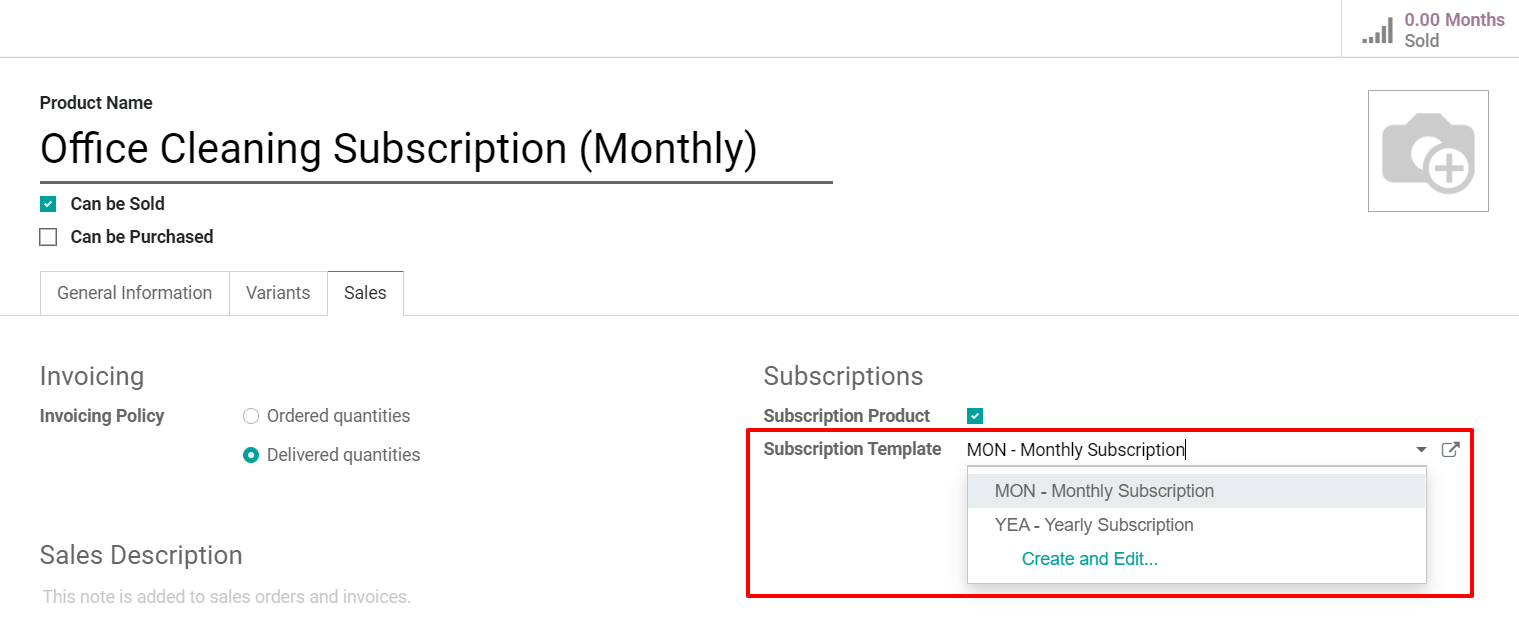 Vista de un formulario de producto tipo suscripción en la aplicación Suscripciones de Odoo