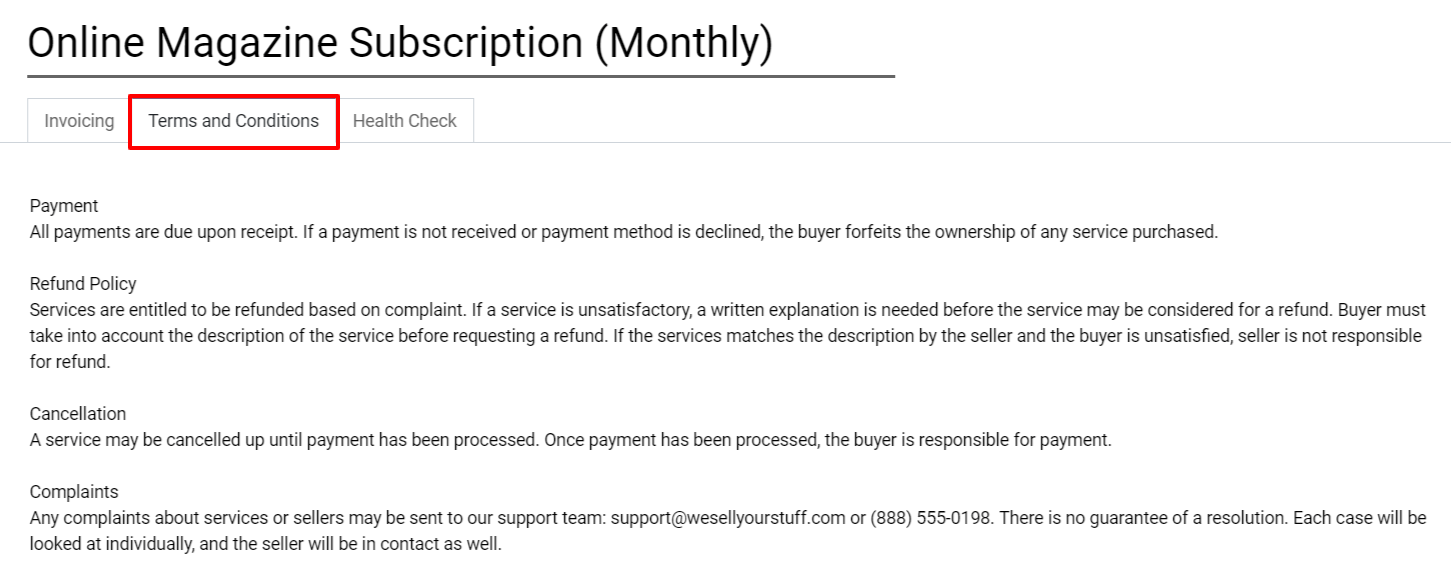 Términos y condiciones en la aplicación Suscripciones de Odoo