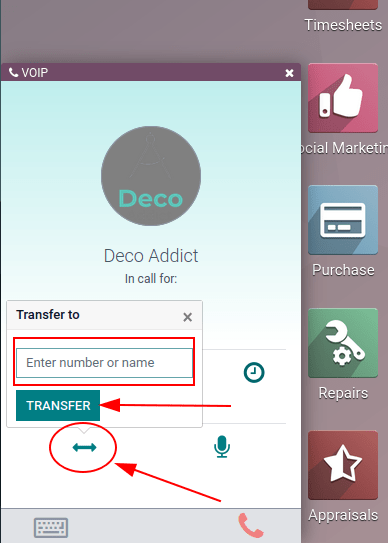 Transferir una llamada desde el widget de teléfono. Los botones para transferir una llamada aparecen en rojo.
