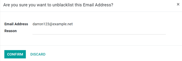 Vista de la ventana emergente para eliminar contactos de la lista de exclusión en la aplicación Marketing por correo electrónico de Odoo.