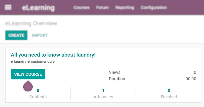Vista del tablero de aplicaciones de eLearning en la aplicación Soporte al cliente de Odoo.