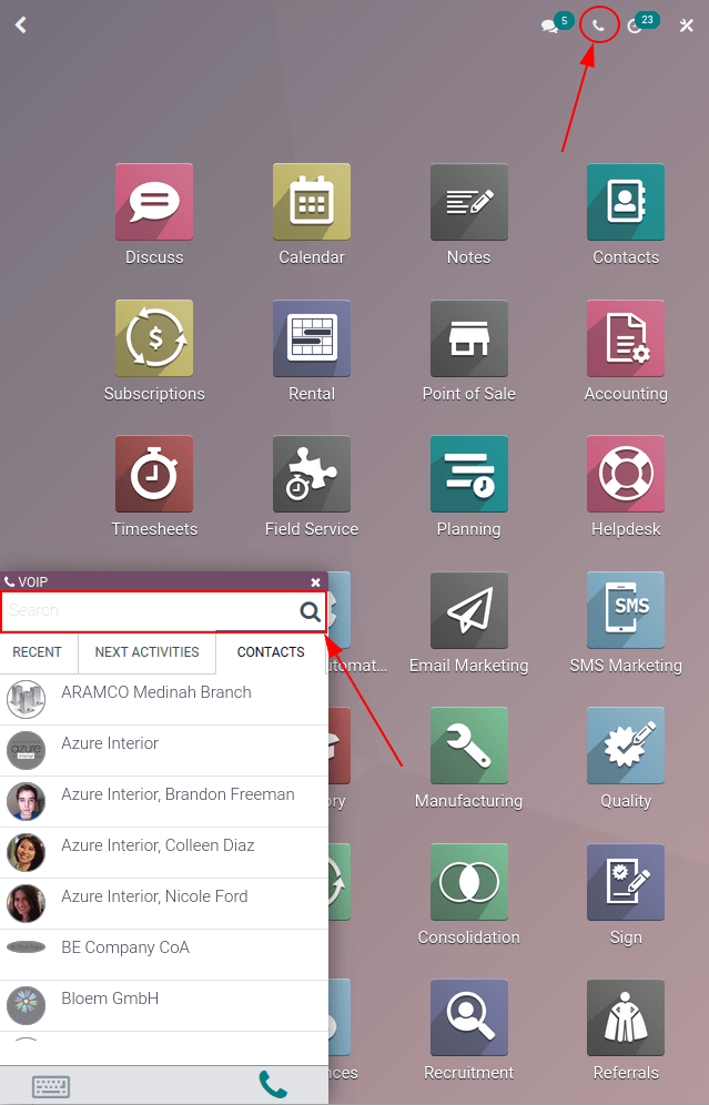 Usar el widget del teléfono VoIP para hacer llamadas.